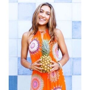 Anthropologie Floreat Livia Halter Dress Printed Orange Size 8 Petite